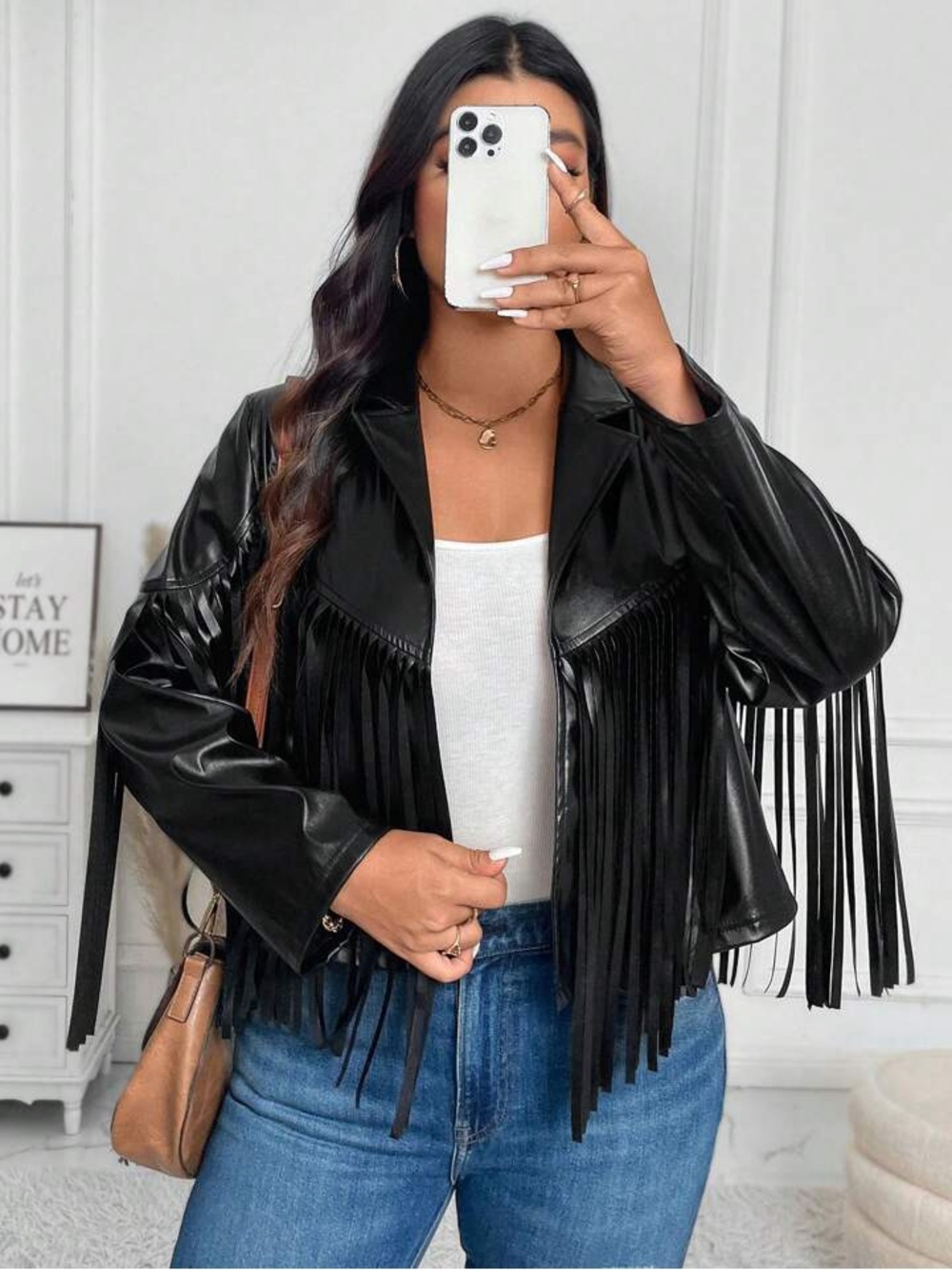 Womens Black Fringe Faux Leather Jacket boho blazer - Picture 2 of 6